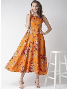 Women Orange & Grey Floral Print Maxi Dress - U&F