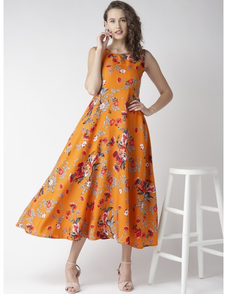 Women Orange & Grey Floral Print Maxi Dress - U&F