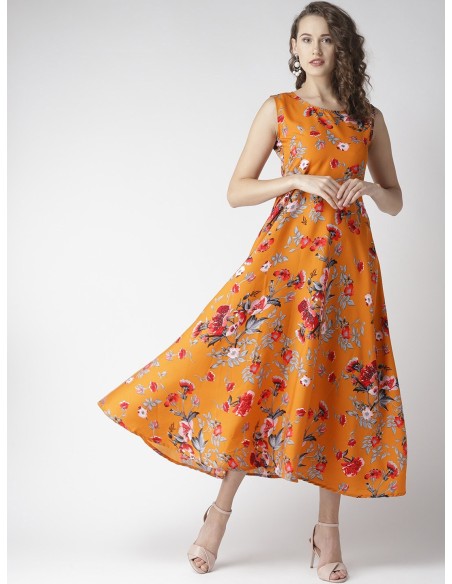 Robe longue imprimée fleurs orange & gris – U&F