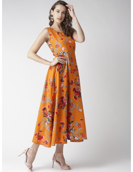 Robe longue imprimée fleurs orange & gris – U&F