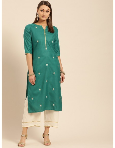 Women Green & Off-White Embroidered Kurta with Palazzos - Libas