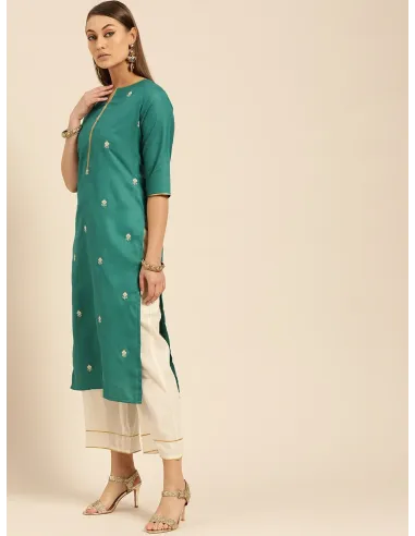 Women Green & Off-White Embroidered Kurta with Palazzos - Libas