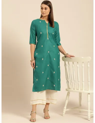 Women Green & Off-White Embroidered Kurta with Palazzos - Libas