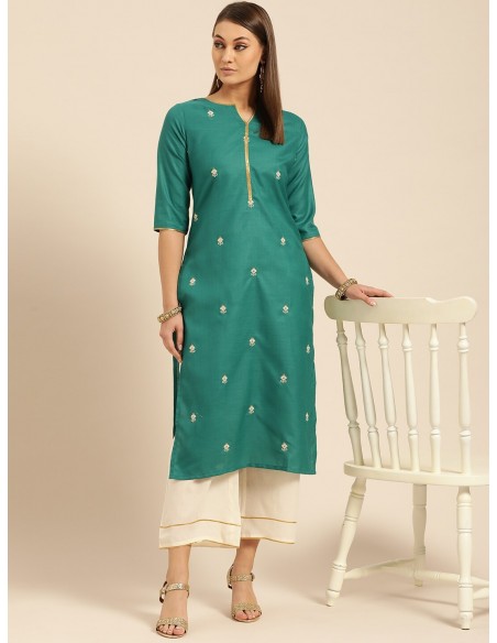 Women Green & Off-White Embroidered Kurta with Palazzos - Libas