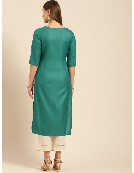 Women Green & Off-White Embroidered Kurta with Palazzos - Libas