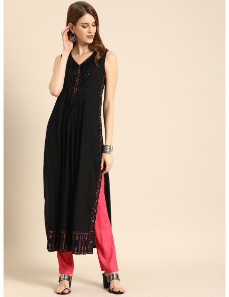 Women Black & Pink Printed Kurta with Trousers - Imara
