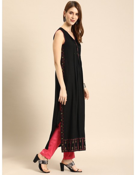 Ensemble kurta noir et rose imprimé avec pantalon – Imara