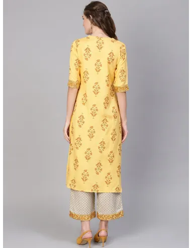 Women Yellow & Beige Printed Kurta with Palazzos - Libas
