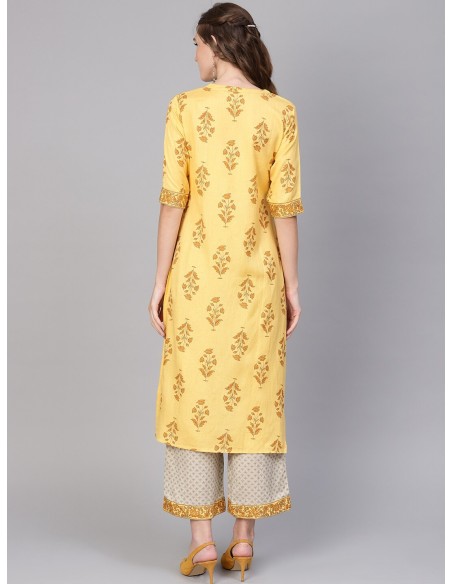 Ensemble kurta jaune et beige imprimé avec palazzo – Libas