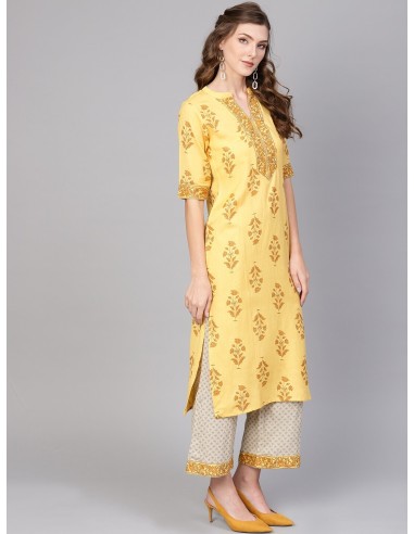 Ensemble kurta jaune et beige imprimé avec palazzo – Libas