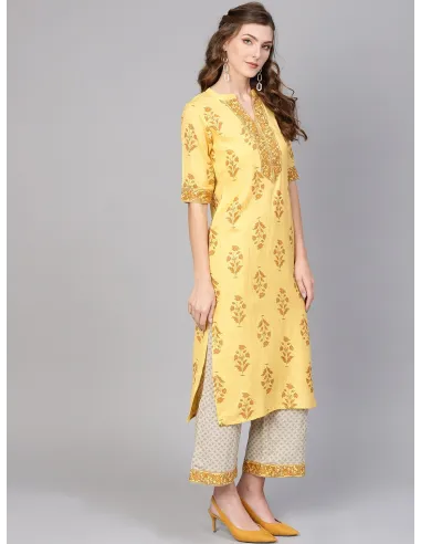 Women Yellow & Beige Printed Kurta with Palazzos - Libas