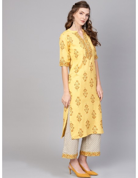 Ensemble kurta jaune et beige imprimé avec palazzo – Libas