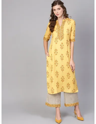 Women Yellow & Beige Printed Kurta with Palazzos - Libas