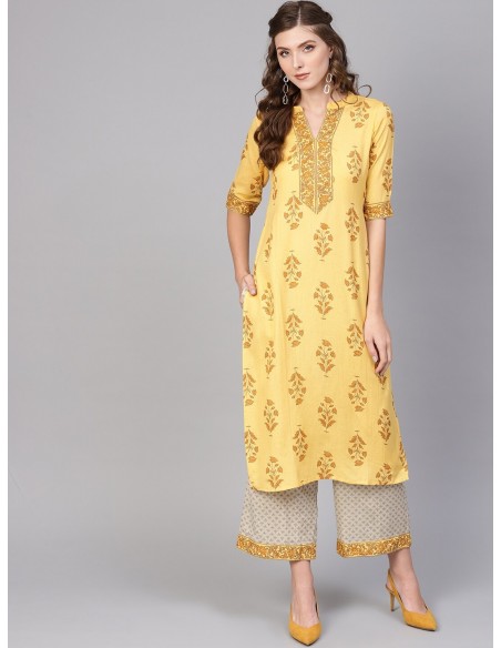 Women Yellow & Beige Printed Kurta with Palazzos - Libas