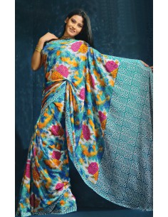 Saree Sandhya – imprimé vert fleurs et rayures