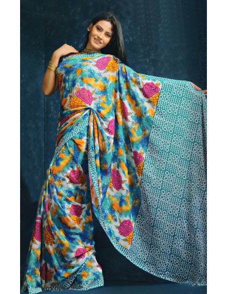 Saree Sandhya – imprimé vert fleurs et rayures