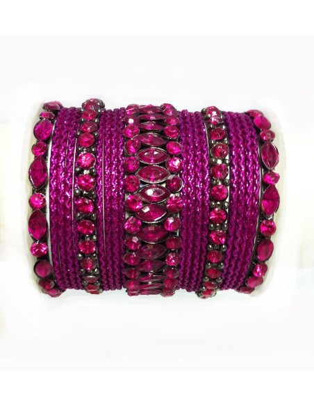Parure de 21 Bracelets Indiens en Métal Rose Sertis de Strass (T024)