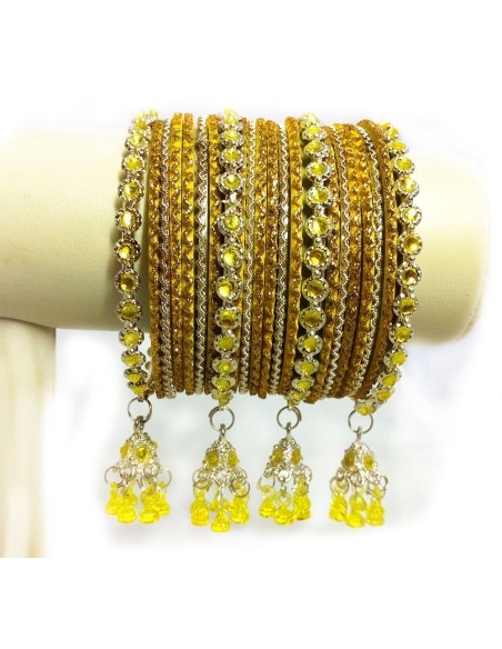 Gold-plated lakh bangle set with yellow crystals and jhumka charms