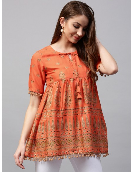 Gerua Orange & Gold A-Line Kurti [Bollymarket.com]
