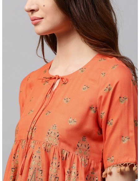 Kurti Trapèze Orange & Doré - Gerua [Bollymarket.com]