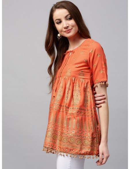 Kurti Trapèze Orange & Doré - Gerua [Bollymarket.com]