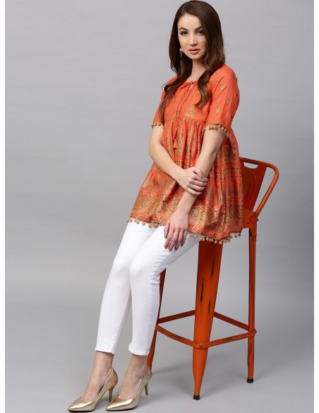 Kurti Trapèze Orange & Doré - Gerua [Bollymarket.com]