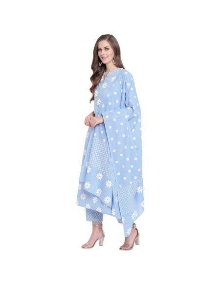 Ensemble kurta droit imprimé floral bleu en coton – Stylum