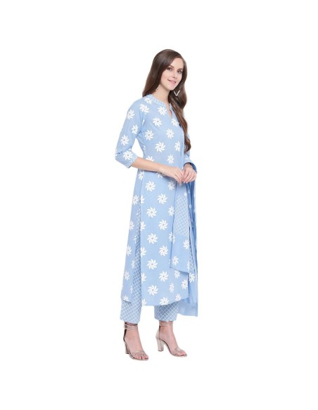 Ensemble kurta droit imprimé floral bleu en coton – Stylum