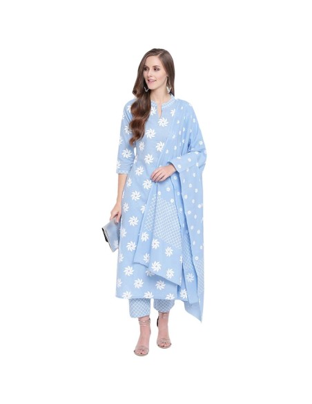 Ensemble kurta droit imprimé floral bleu en coton – Stylum