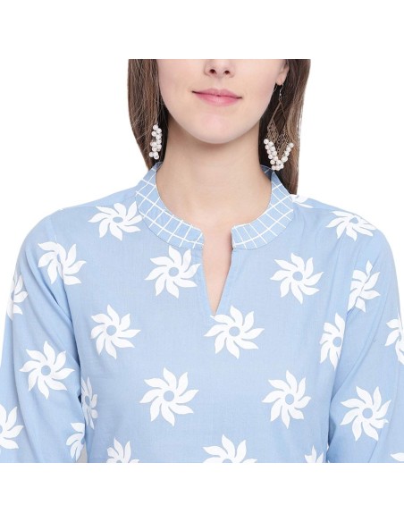 Ensemble kurta droit imprimé floral bleu en coton – Stylum