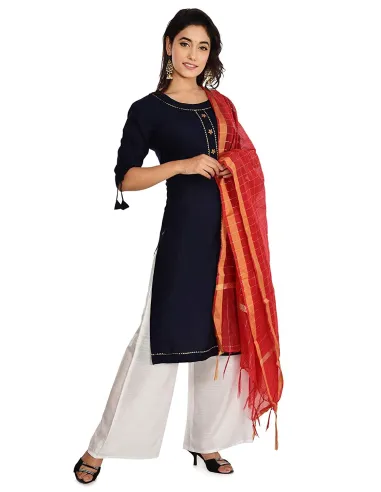 Habiliments Rayon Kurti with Palazzo and Chanderi Dupatta Set