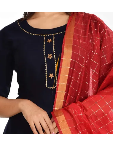 Habiliments Rayon Kurti with Palazzo and Chanderi Dupatta Set