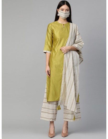 Tunique Vert Olive & Blanc Cassé avec Pantalon et Masque - Indo Era
