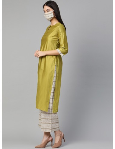 Ensemble kurta vert olive et blanc cassé avec dupatta et masque – Indo Era