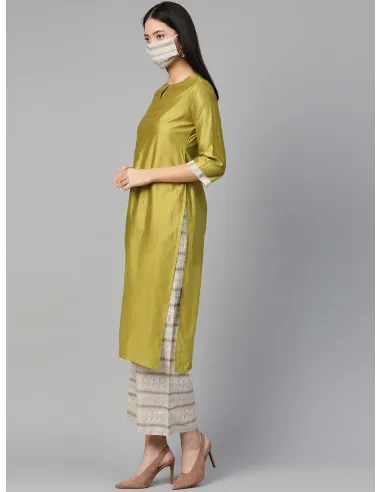Olive Green & Off-White Solid Kurta Set with Dupatta & Mask - Indo Era