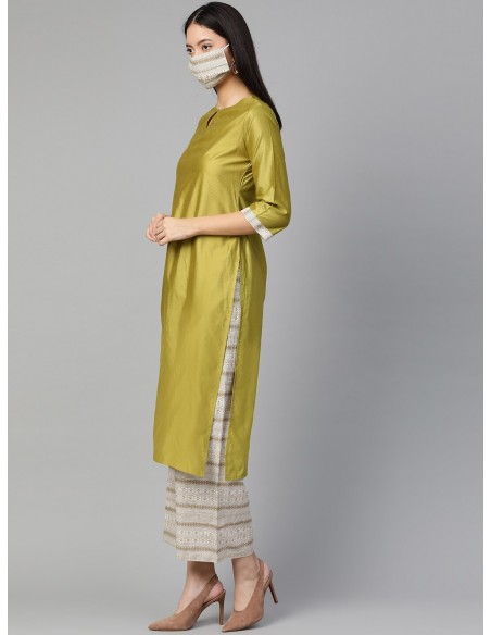 Tunique Vert Olive & Blanc Cassé avec Pantalon et Masque - Gerua