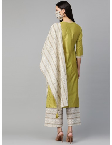 Ensemble kurta vert olive et blanc cassé avec dupatta et masque – Indo Era