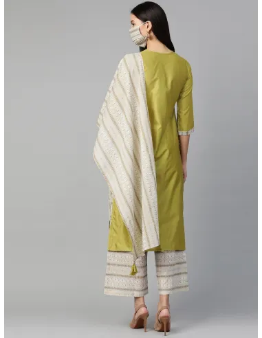 Olive Green & Off-White Solid Kurta Set with Dupatta & Mask - Indo Era