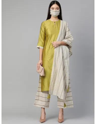 Olive Green & Off-White Solid Kurta Set with Dupatta & Mask - Indo Era