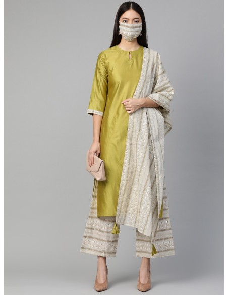 Ensemble kurta vert olive et blanc cassé avec dupatta et masque – Indo Era