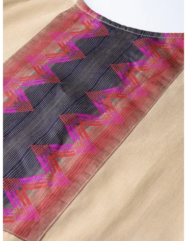 Beige & Navy Blue Yoke Design Kurta Set with Dupatta & Mask - Indo Era