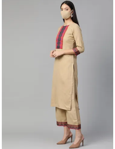 Beige & Navy Blue Yoke Design Kurta Set with Dupatta & Mask - Indo Era