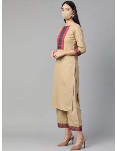 Ensemble kurta beige à empiècement bleu marine avec dupatta et masque – Indo Era