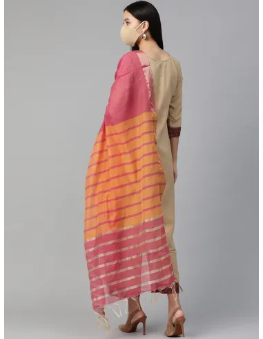 Beige & Navy Blue Yoke Design Kurta Set with Dupatta & Mask - Indo Era