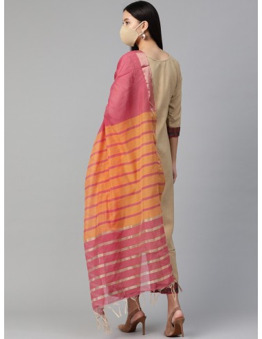 Ensemble kurta beige à empiècement bleu marine avec dupatta et masque – Indo Era