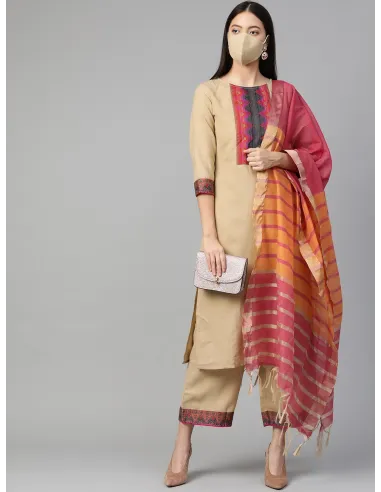 Beige & Navy Blue Yoke Design Kurta Set with Dupatta & Mask - Indo Era