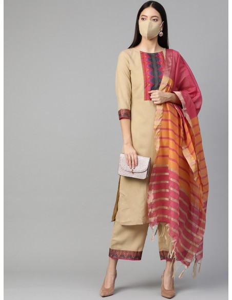 Beige & Navy Blue Yoke Design Kurta Set with Dupatta & Mask - Indo Era
