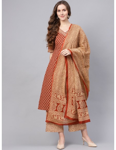 Tunique Bordeaux & Beige avec Pantalon et Étole - Indo Era