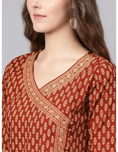 Maroon & Beige Printed Anghrakha Kurta with Palazzos & Dupatta - Indo Era