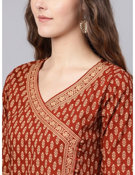 Maroon & Beige Printed Anghrakha Kurta with Palazzos & Dupatta - Indo Era